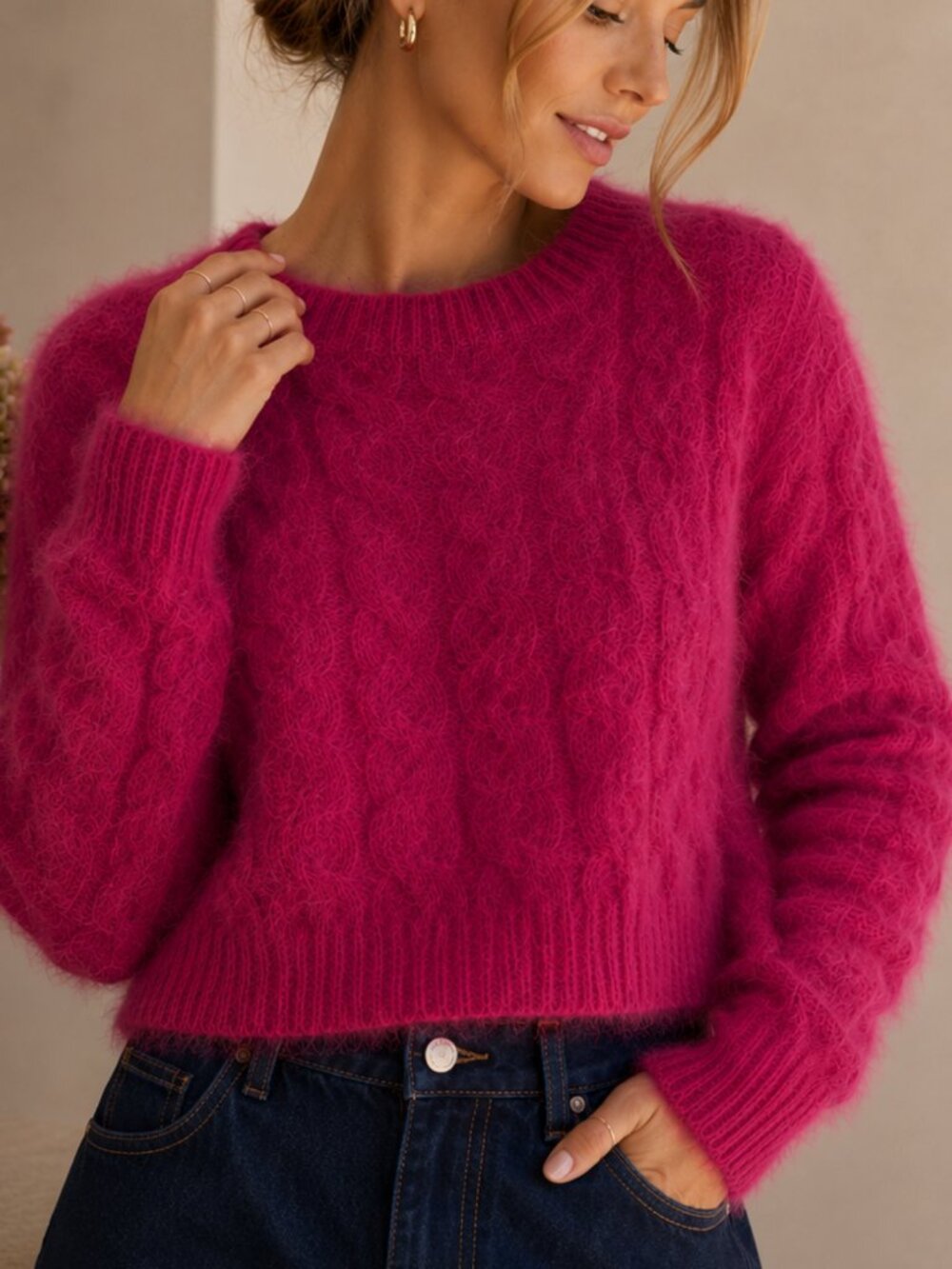 J.Crew Brushed Cashmere Cable Knit Cropped Sweater Berry M Quiet Luxury NWOT